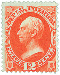 O20 - 1873 12c Department of the Interior Official, Vermilion, Hard Paper