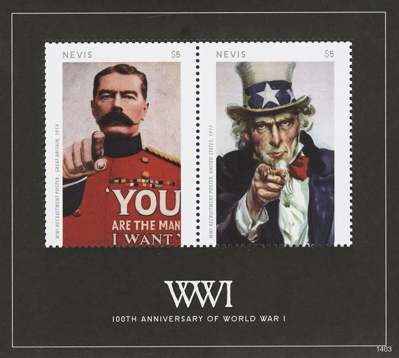 M12335 - 2014 $5 100th Anniversary of World War I; "I Want You"; Souvenir Sheet of 2