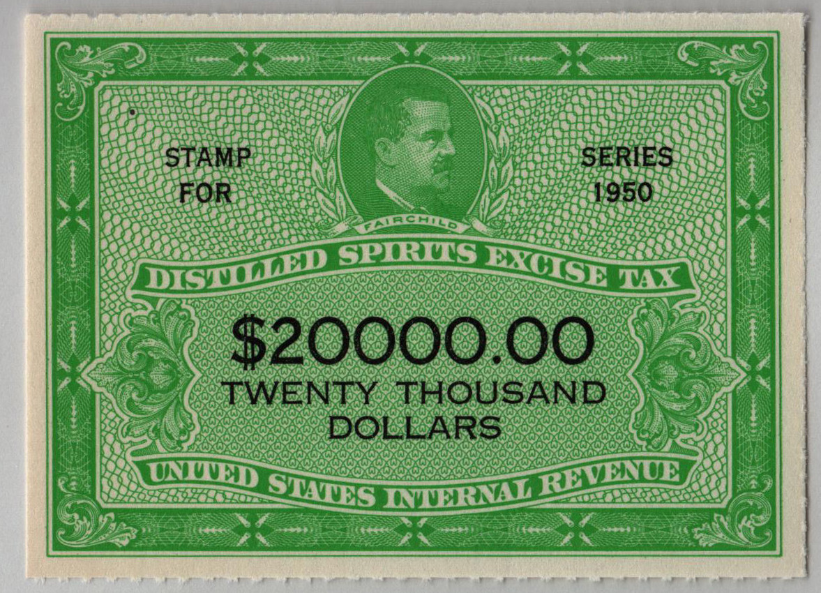 RX22 - 1950 $20,000 Distilled Spirits Excise Tax Stamp, Yellow Green & Black