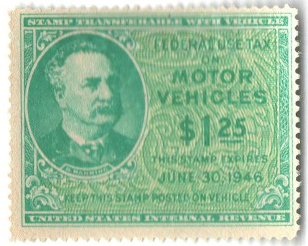 RV51 - 1946 $1.25 Motor Vehicle Use Tax, bright blue green & yellow green (gum on face, control no. & inscription on back)