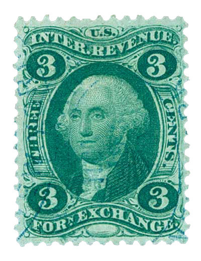 R16d - 1862-71 3c U.S. Internal Revenue Stamp, Foreign Exchange, Green, Silk Paper
