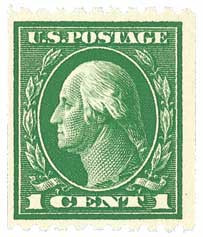 441 - 1914 1c Washington, Green, Single Line Watermark, Perf. 10