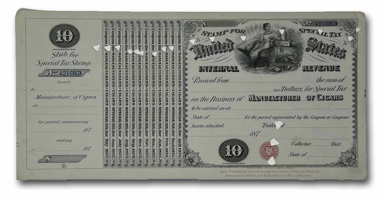 MUS054 - 1870s $10.00 Manufacturer of Cigars Special Tax Stamp, White Paper