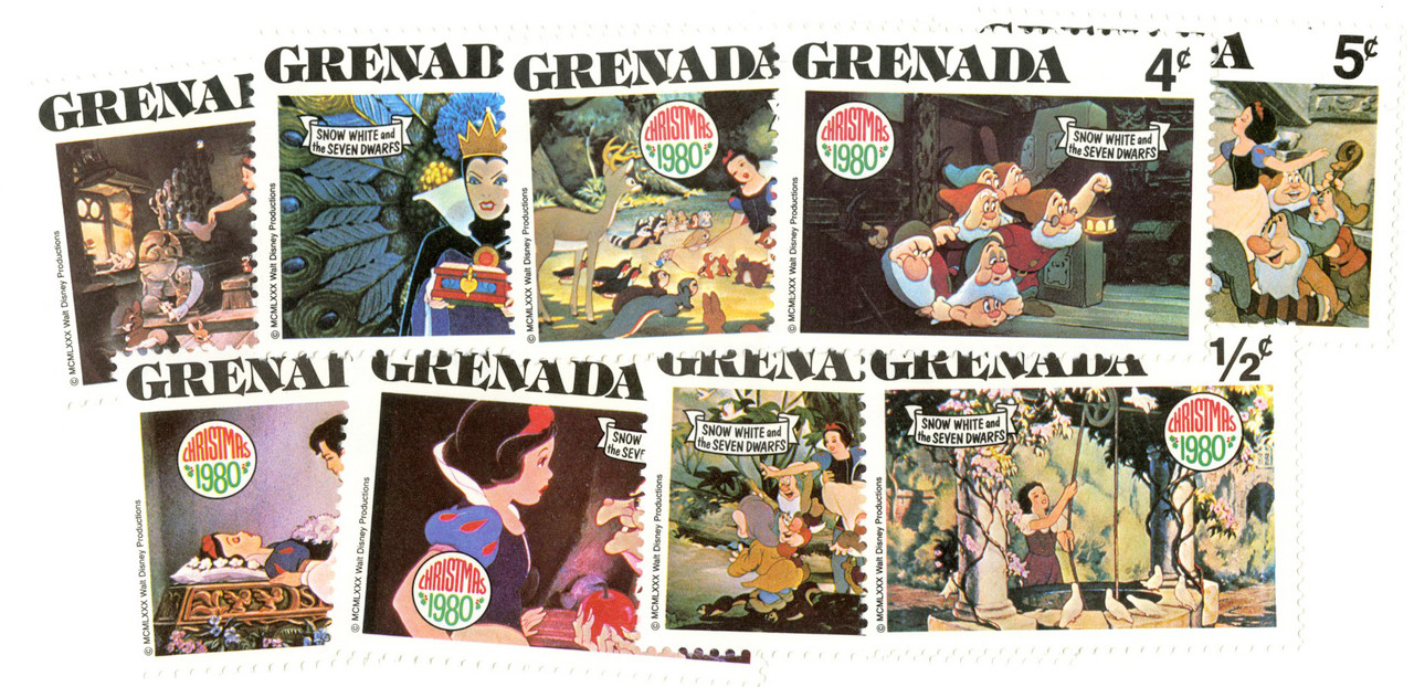 MDS300A - 1980 Disney Christmas Celebrates - Snow White, Mint, Set of 9 Stamps, Grenada
