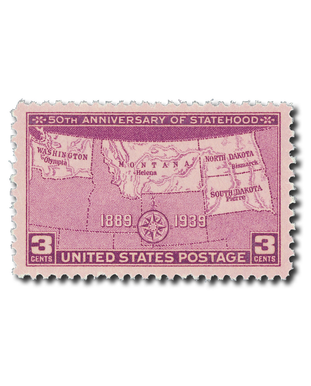 858 - 1939 3c Four States Statehood 50th Anniversary - Mystic