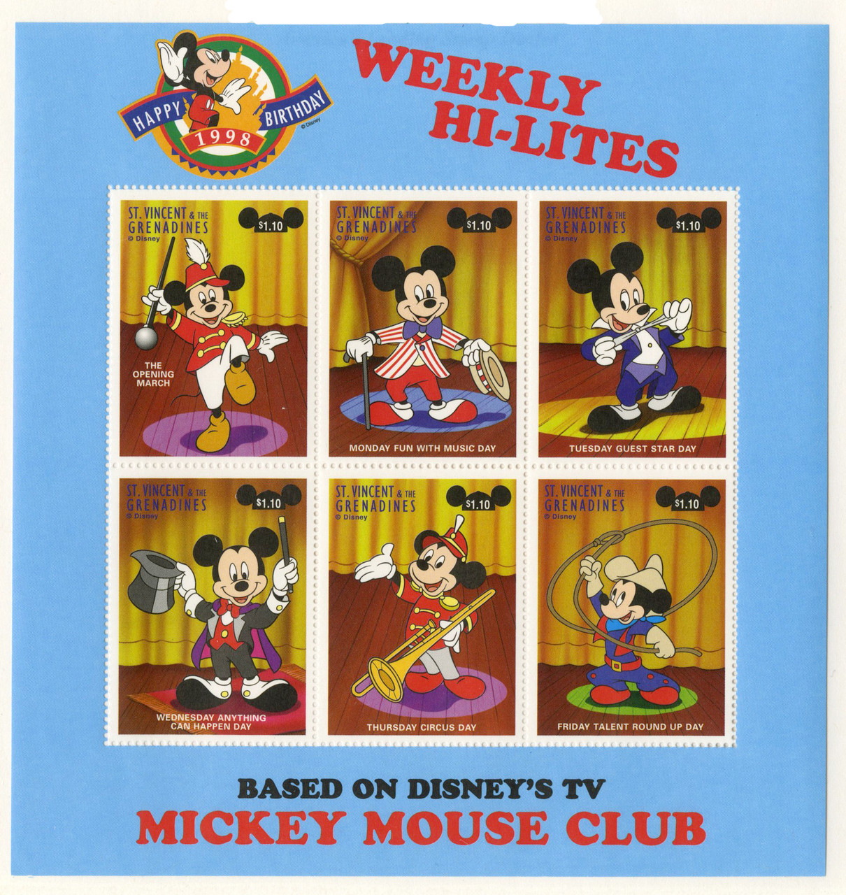 MDS459B - St. Vincent Mickey Mouse Club, 6 Stamps - Mystic Stamp
