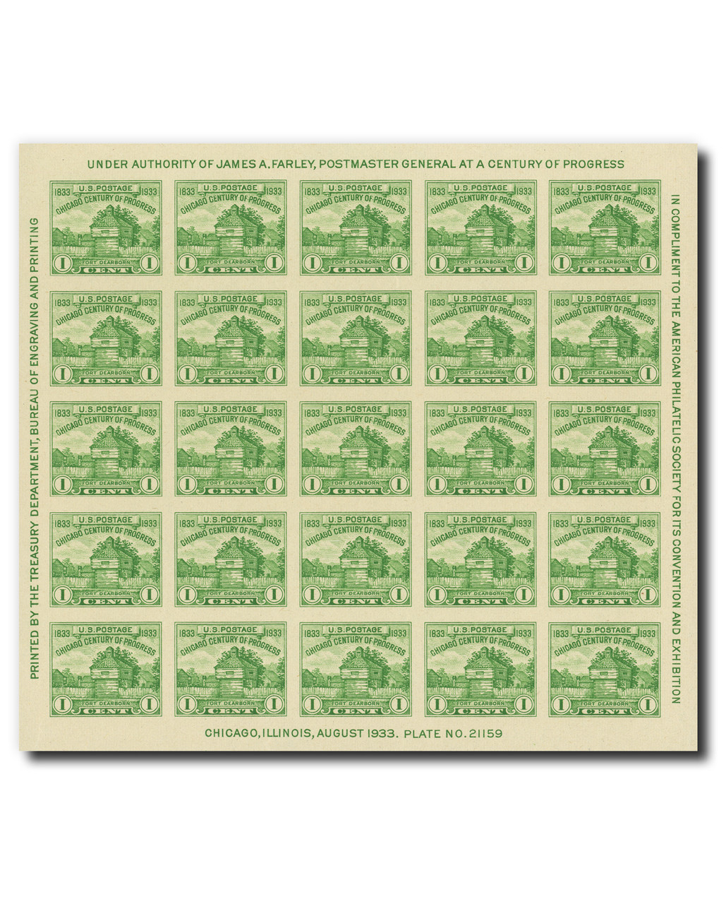 766 - 1935 1c Restoration of Fort Dearborn, Yellow Green, Souvenir