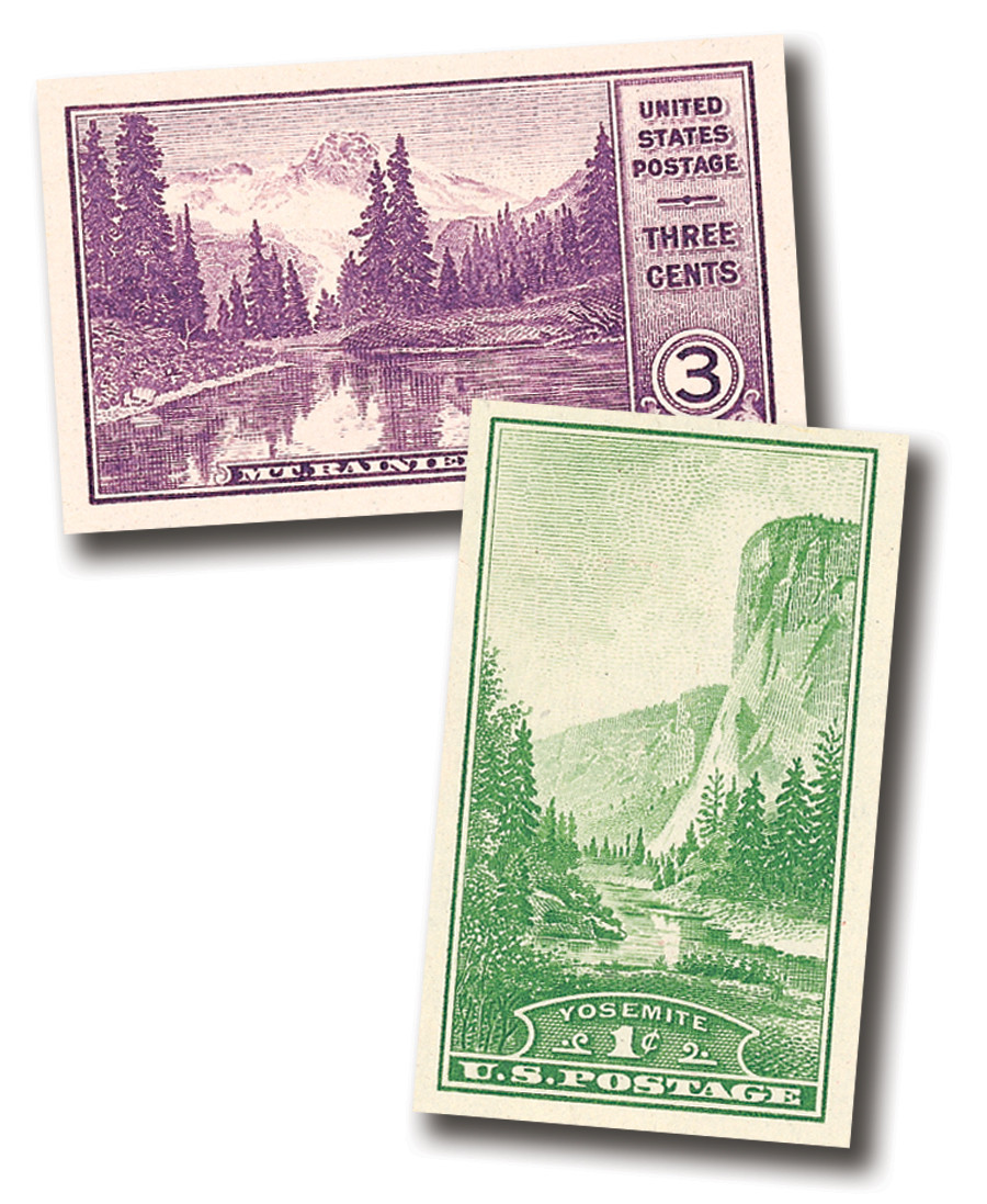 750a-51a - 1934 3c Mt. Rainer and 1c Yosemite, Singles from Souvenir Sheet, Imperf., Complete Set of 2 Stamps