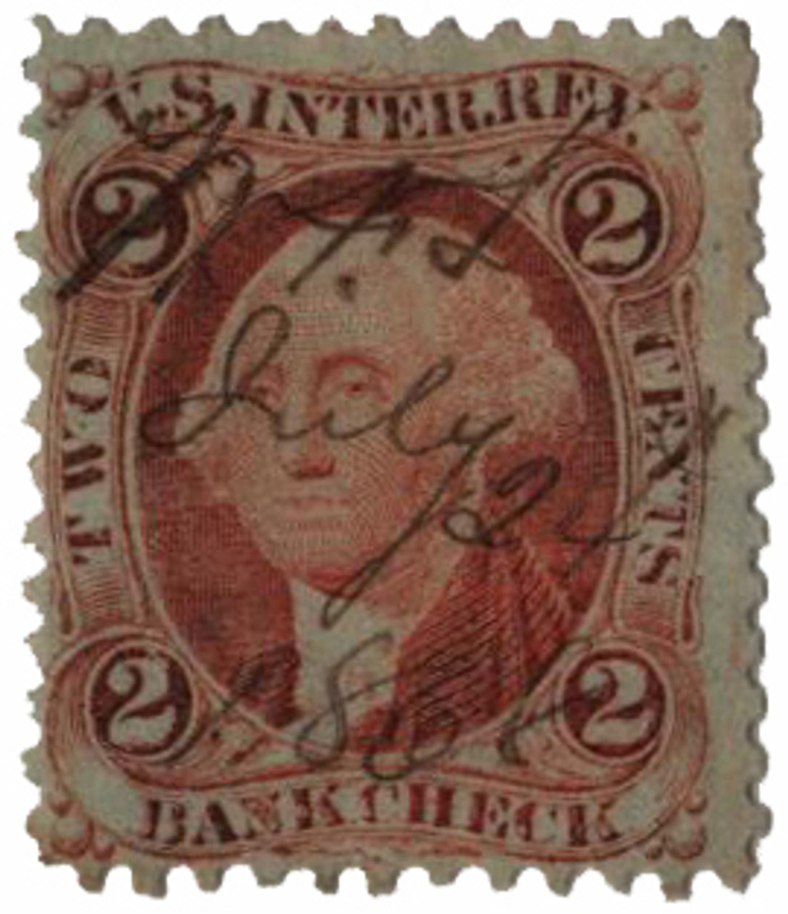 R6e - 1862-71 2c U.S. Internal Revenue Stamp, Bank Check, Orange, Perf. 12 Green Paper