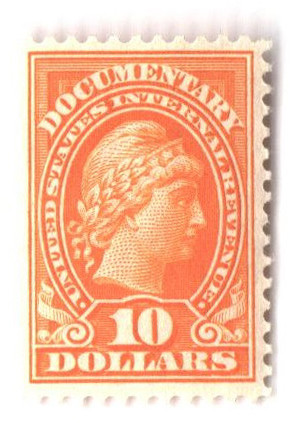 R245 - 1917-33 $10 U.S. Internal Revenue Stamp, Orange, Double Line Watermark, Perf. 11, Without "Series 1914"