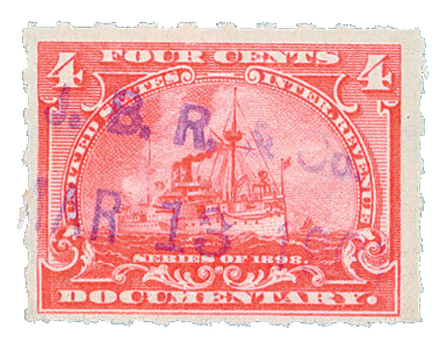 R166p - 1898 4c Battleship, Documentary Revenue Stamp, Pale Rose, Hyphen Hole 7