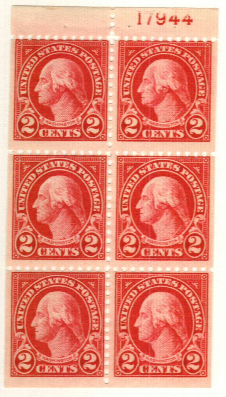 554c - 1922-25 2c Washington, Carmine, Booklet Pane of 6, Perf. 11