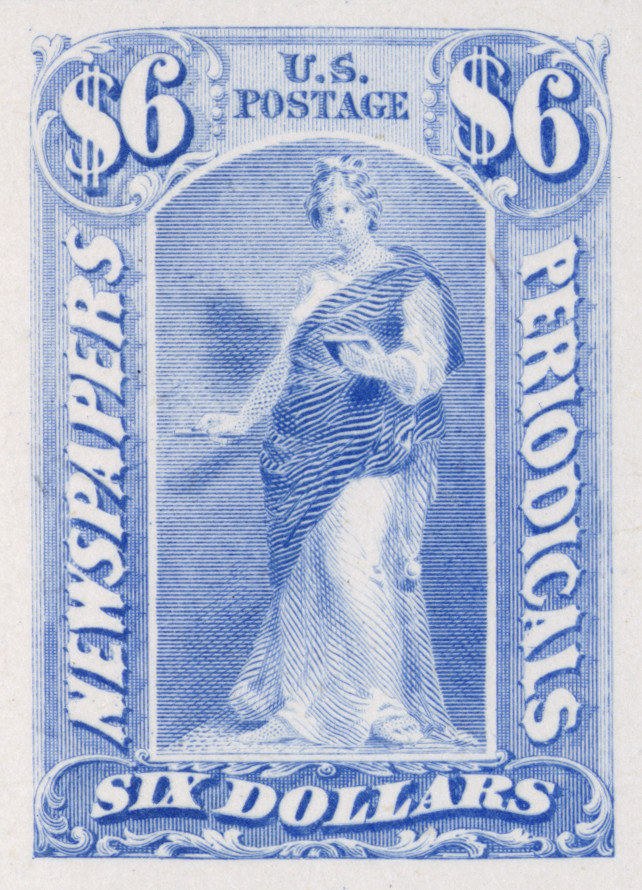 PR26P4 - 1875 $6 Newspaper & Periodical, Ultramarine, ,Plate Proof on Card
