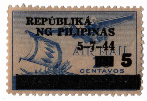 PHN35 - 1944 5c on 20c Philippines Occupation Stamp, Moro Vinta & Clipper, Ultramarine
