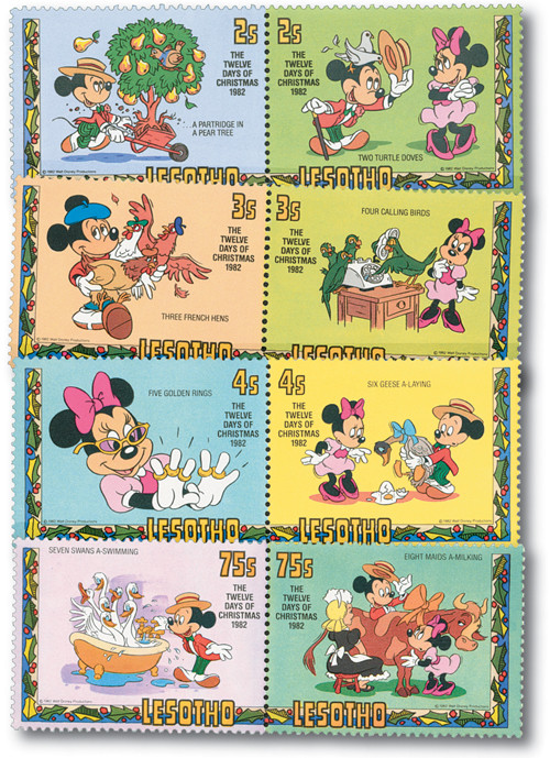 MDS367A - 1982 Disney & Friends Celebrate Christmas, Mint, Set of 4 pairs of Stamps, Lesotho