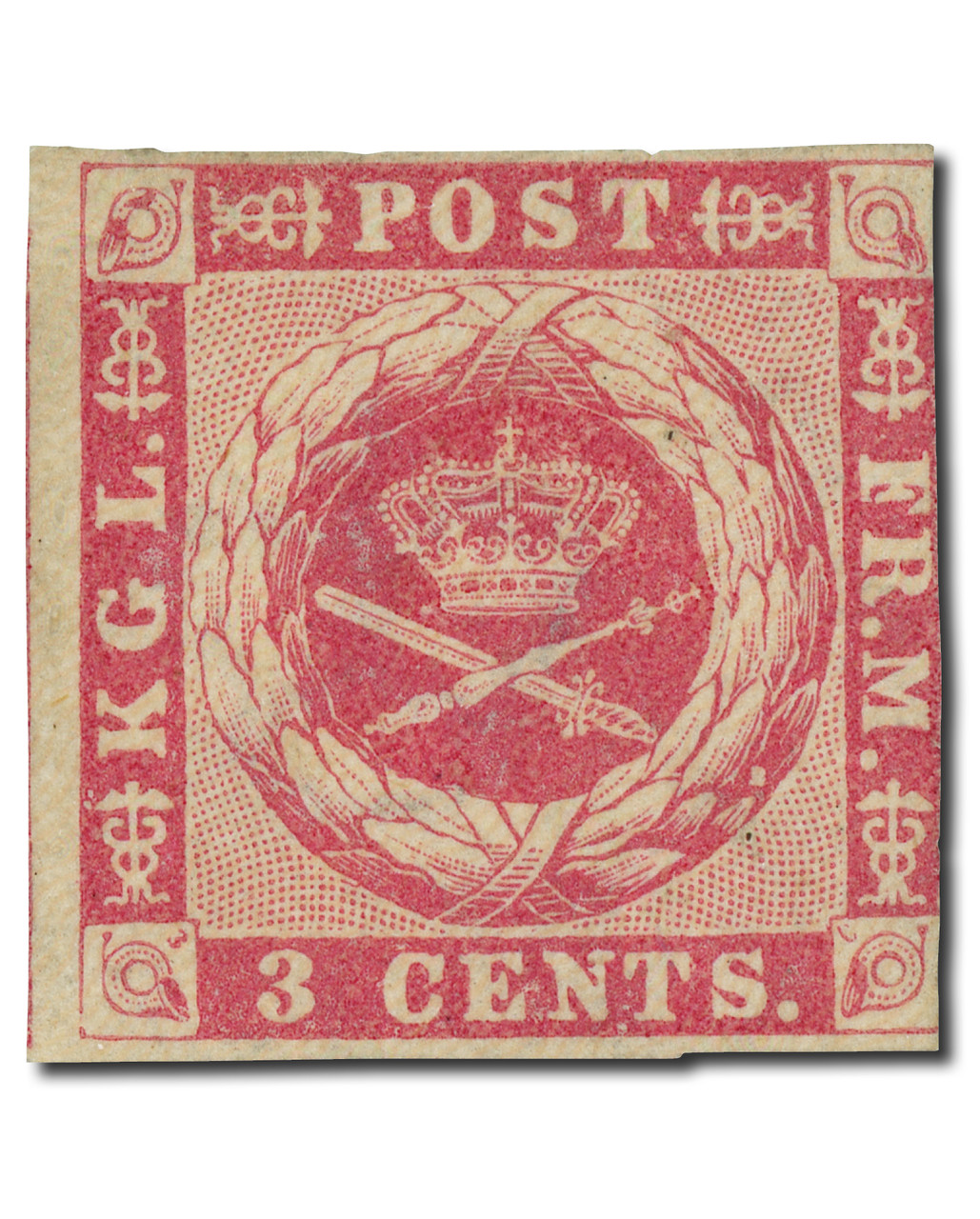 DWI1 - 1856 3c Coat of Arms, Dark Carmine, Danish West Indies , Imperf.