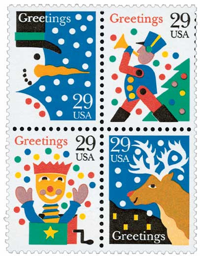 3127 外国切手 アメリカ 1993年 クリスマス 田型 2種 2791-94 - 1993 29c Christmas Greetings - Mystic Stamp Company