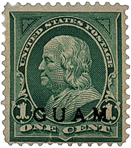 G1 - 1899 1c Franklin, Deep Green, Guam Black Overprint
