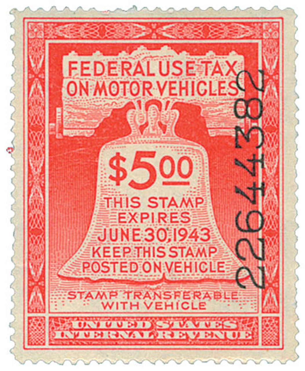 RV6 - 1942 $5 Motor Vehicle Use Tax, rose red (gum & control no. on face, inscriptions on back)