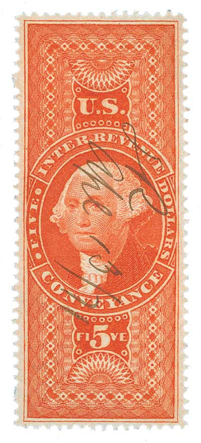 R89 - 1862-71 $5 U.S. Internal Revenue Stamp, Conveyance, Red, Perf. 12