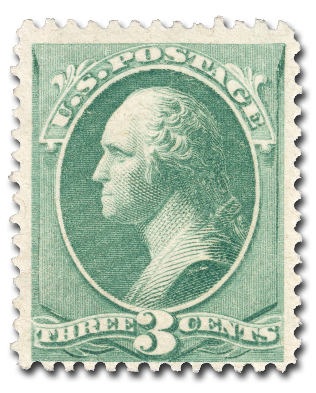 ワシントン1881  3centの字体は切手のみカットが左欠けエラー切手だろうか 207 - 1881 3c Washington, Blue Green, Re-Engraved, Soft Paper
