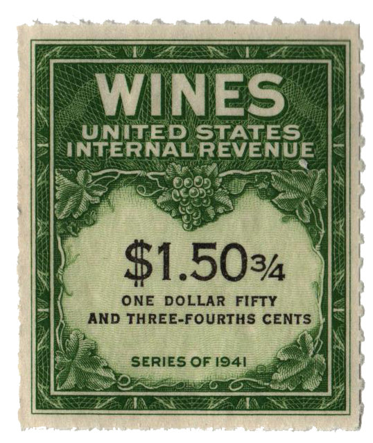 RE195 - 1951-54 $1.50 3/4c Cordials, Wines, Etc. Stamp, Green & Black, Rouletted 7, Denomination Spelled Out in Two Lines, Small