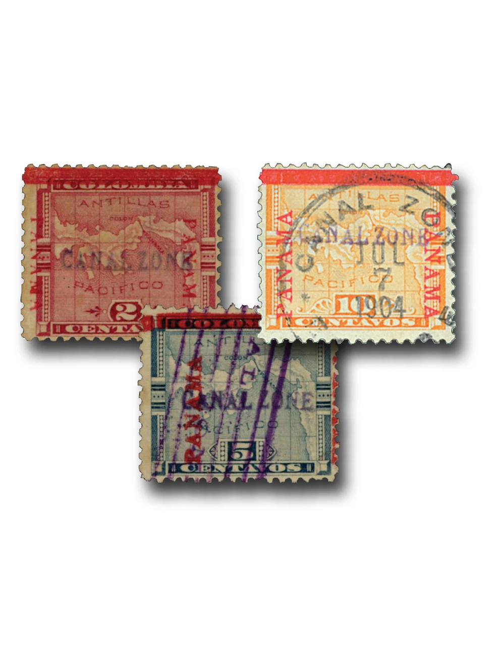 CZ1-3 - 1904 Canal Zone, Canal Zone Handstamped Violet to Violet Blue Horizontal Overprint, Complete Set of 3 Stamps