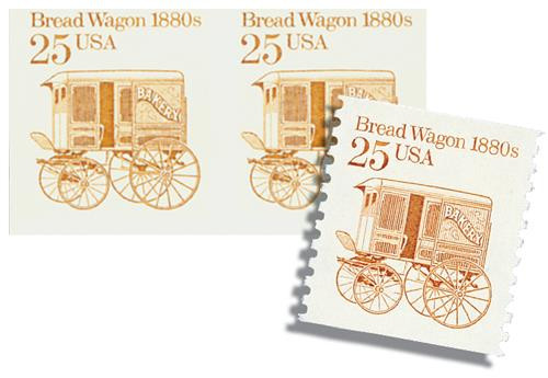 2136//36a - 1986 25c Transportation Series:1880s Bread Wagon, Imperf. Error & Regular Stamp