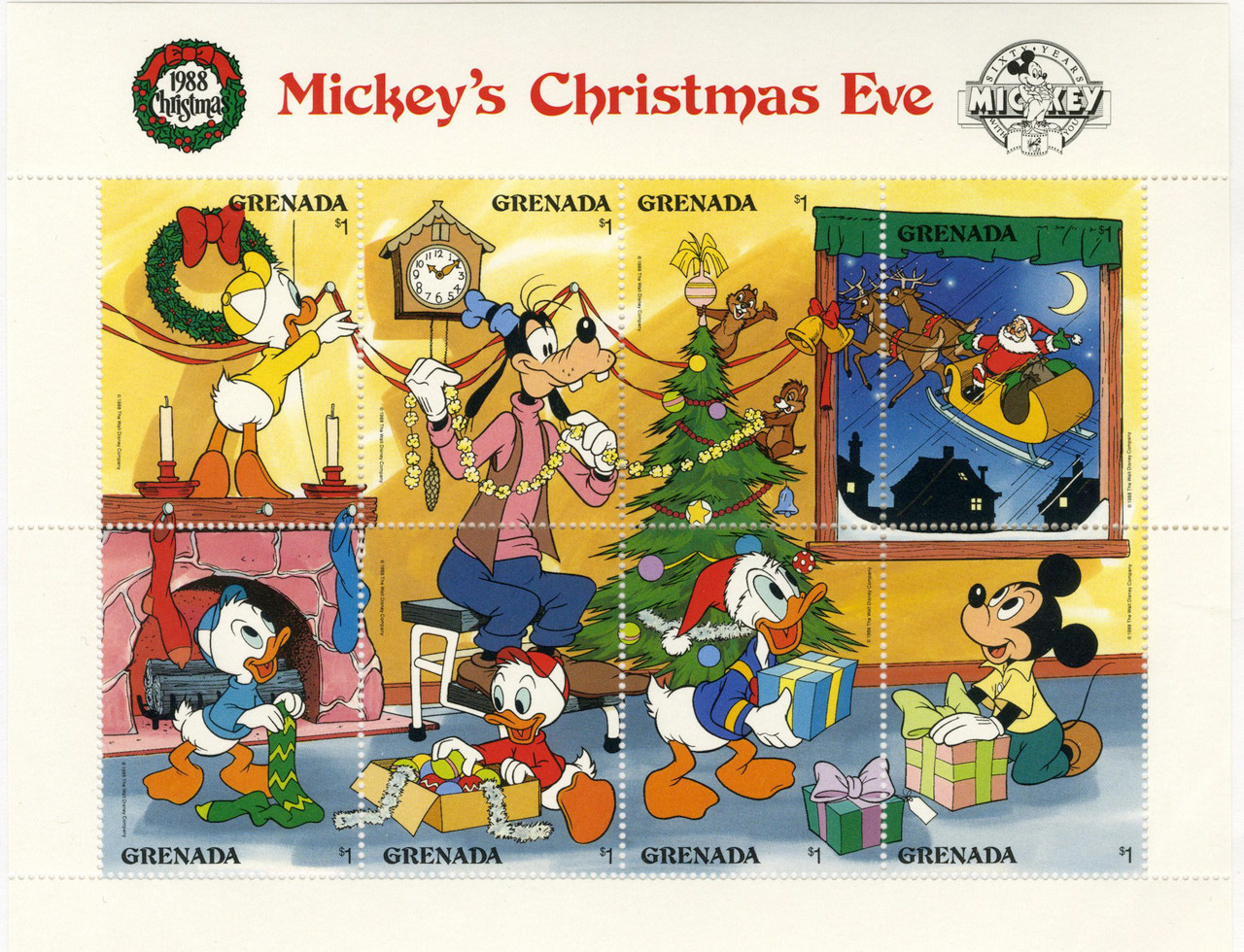 MDS314A - 1988 Disney and Friends Celebrate Christmas Eve,  Mint, Sheet of 8 Stamps, Grenada