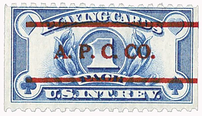 RF27-PC191 - 1940 1c Playing Card Stamp with A. P. C. Co. Precancel, Blue, Double Line Watermark, Perf. 10 Horizontally