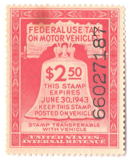 RV9 - 1942 $3.75 Motor Vehicle Use Tax, rose red (gum & control no. on face, inscriptions on back)