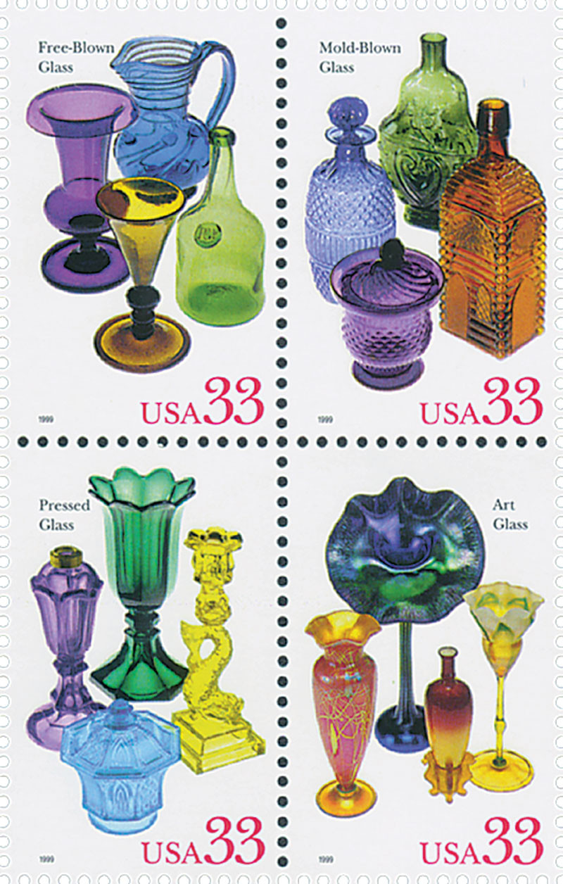 3328a - 1999 33c American Glass, block of 4 stamps