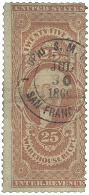 R50 - 1862-71 25c U.S. Internal Revenue Stamp, Warehouse Receipt, Red, Perf. 12