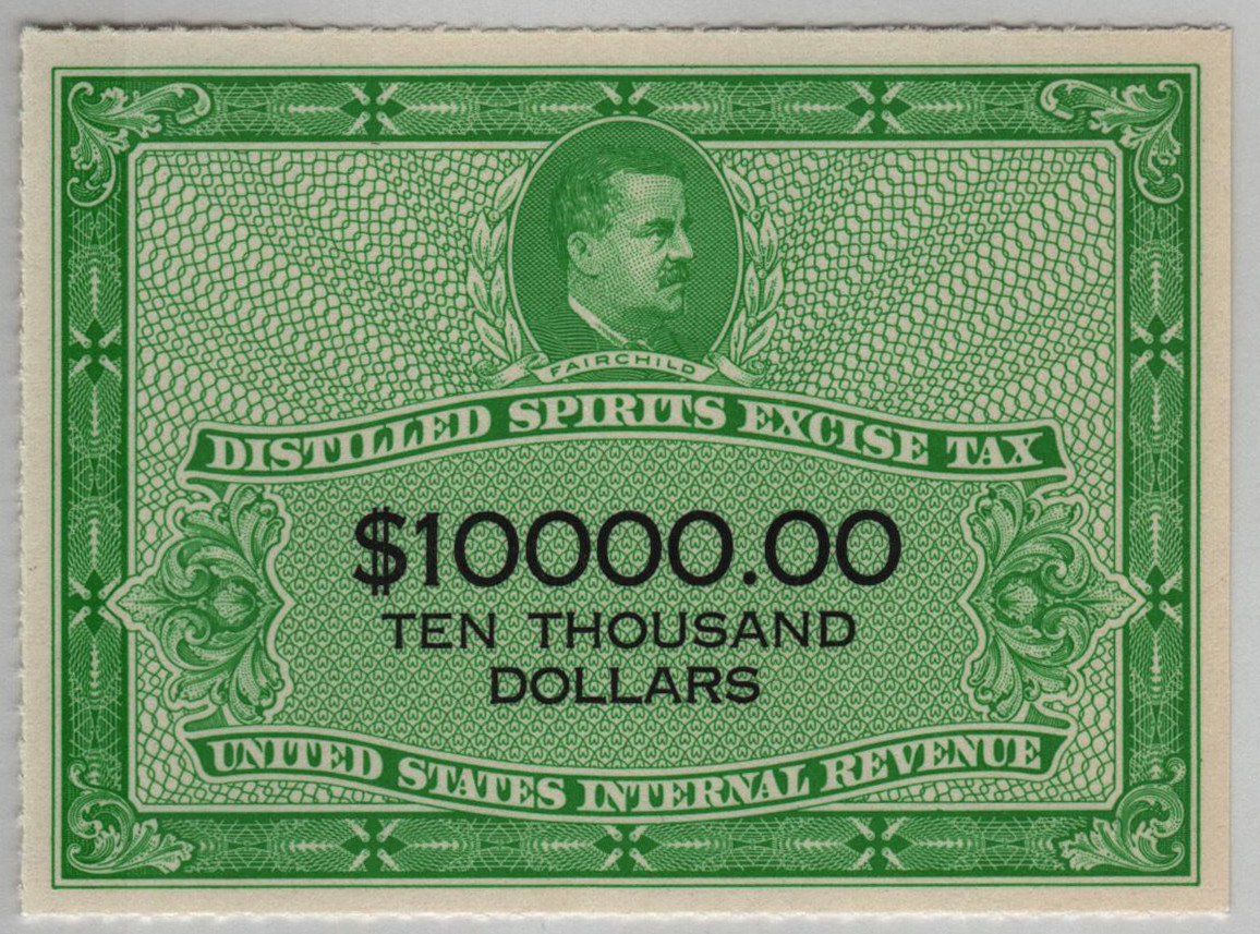 RX46 - 1952 $10,000 Distilled Spirits Excise Tax Stamp, Yellow Green & Black