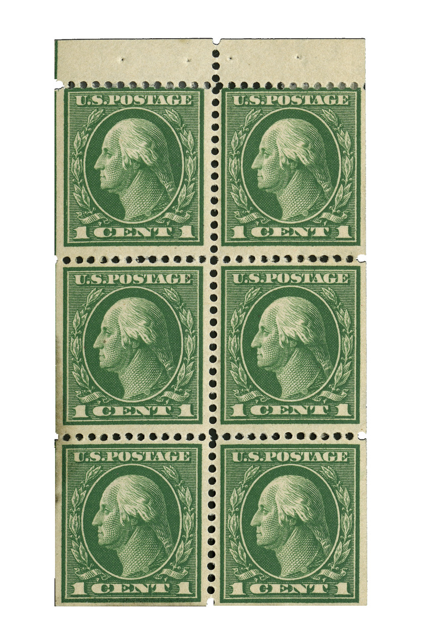 405b - 1912 1c Washington, Green, Single Line Watermark, Booklet Pane of 6, Perf. 12