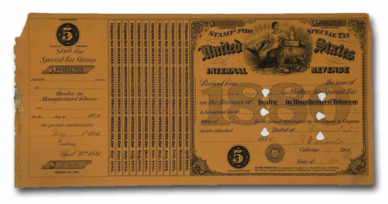 MUS066 - 1880 $5.00 Dealer in Manufactured Tobacco, Special Tax Stamp, Orange Paper