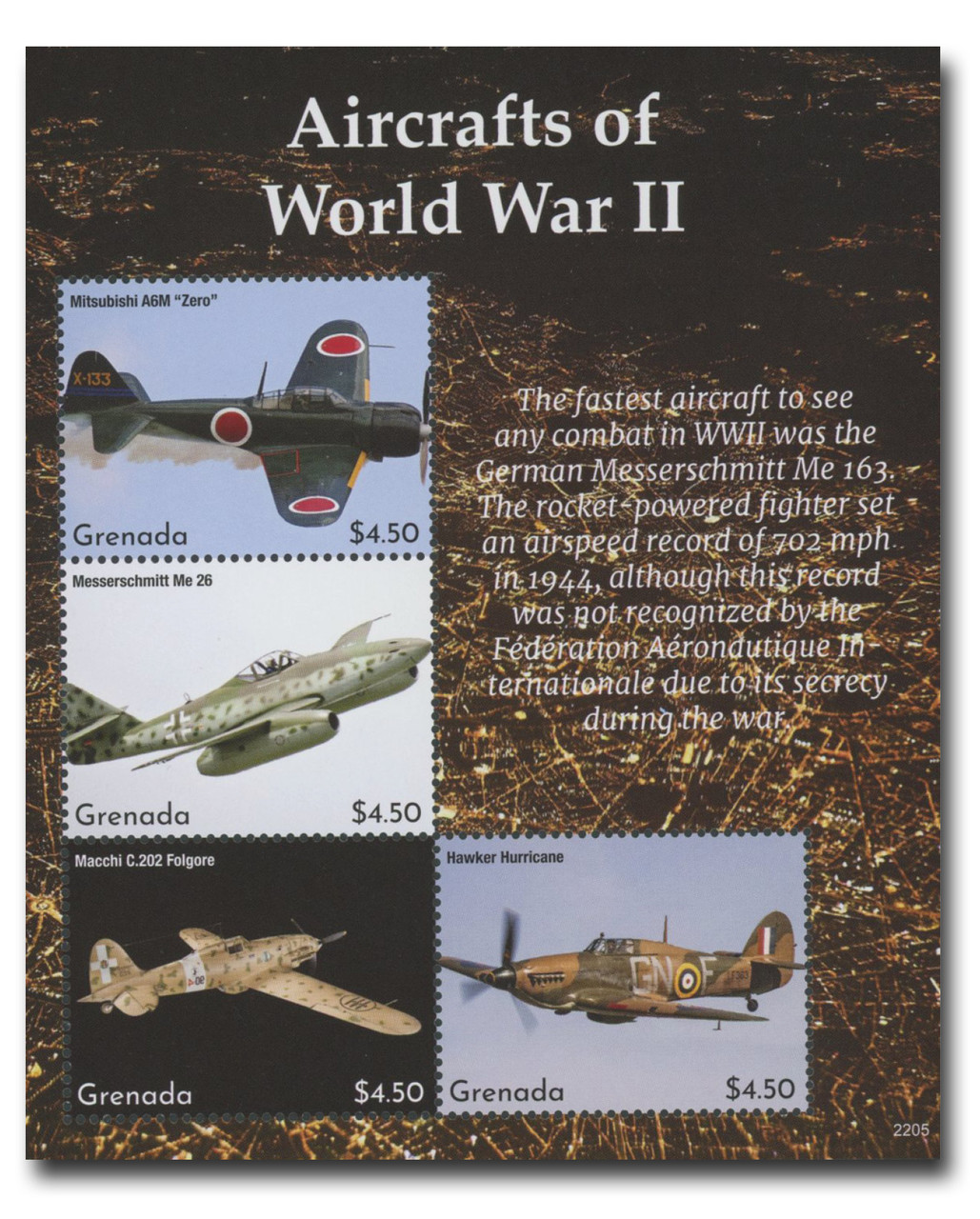 MFN577 - 2022 $4.50 Aircrafts of World War I, Mitsubishi A6M "Zero", Grenada