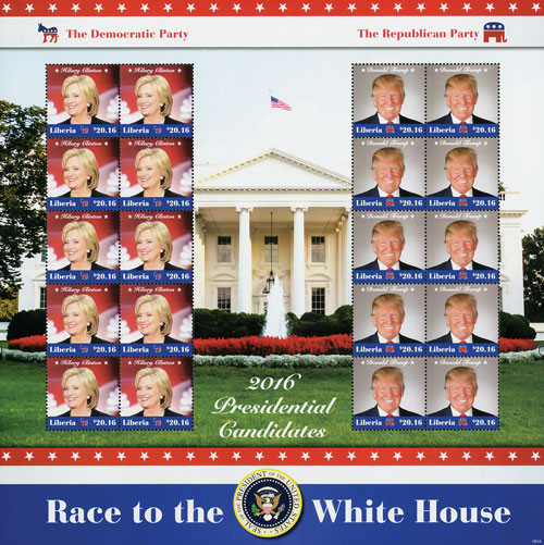 M11733 - 2016 $20.16 Hillary Clinton and Donald Trump Presidential Candidates, Mint, Sheet of 20 Stamps, Liberia
