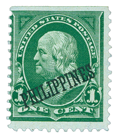 PH213 - 1899 1c Franklin, Yellow Green, Double Line Watermark, Philippines Black Overprint