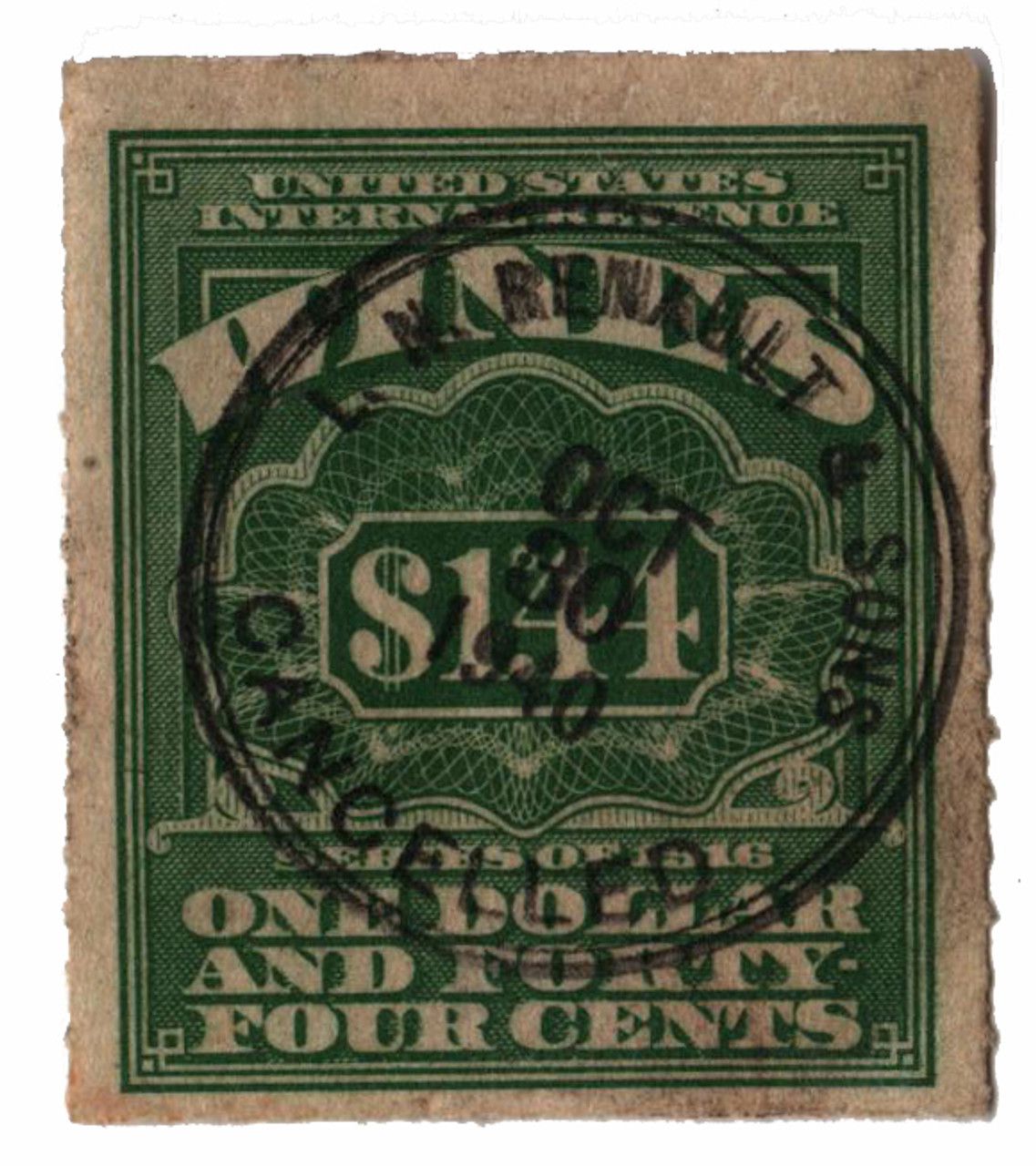 RE78 - 1933 $1.44 Cordials, Wines, Etc. Stamp - Rouletted 7 watermark, offset, light green