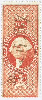 R90 - 1862-71 $5 U.S. Internal Revenue Stamp, Manifest, Red, Perf. 12