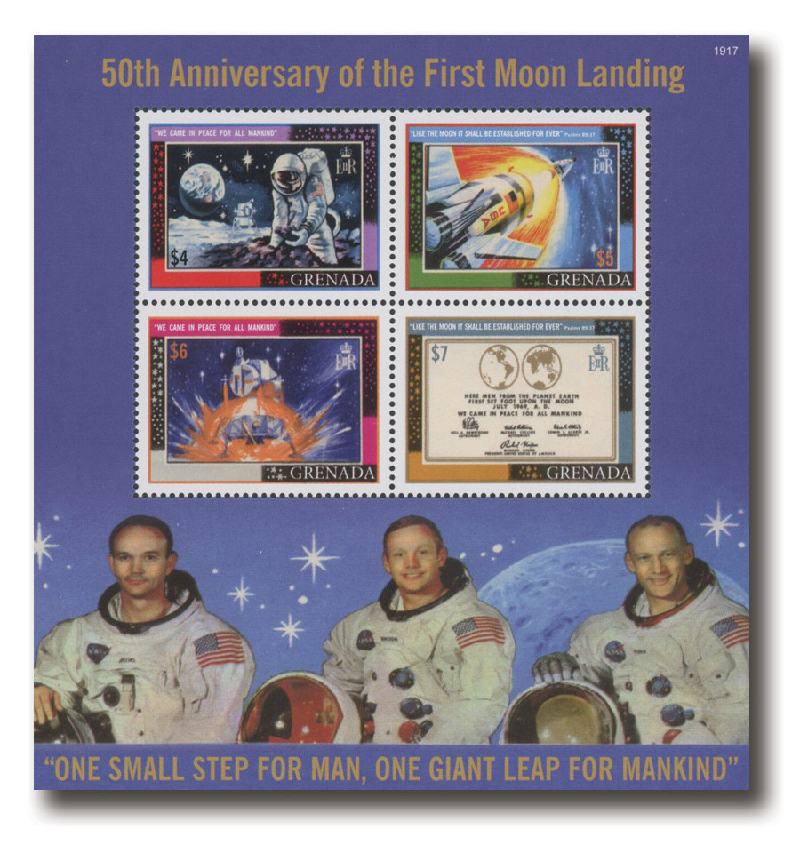 MFN391 - 2019 $4 50th Anniversary of the First Moon Landing: Astronaut Picking up Moon Rocks, Grenada