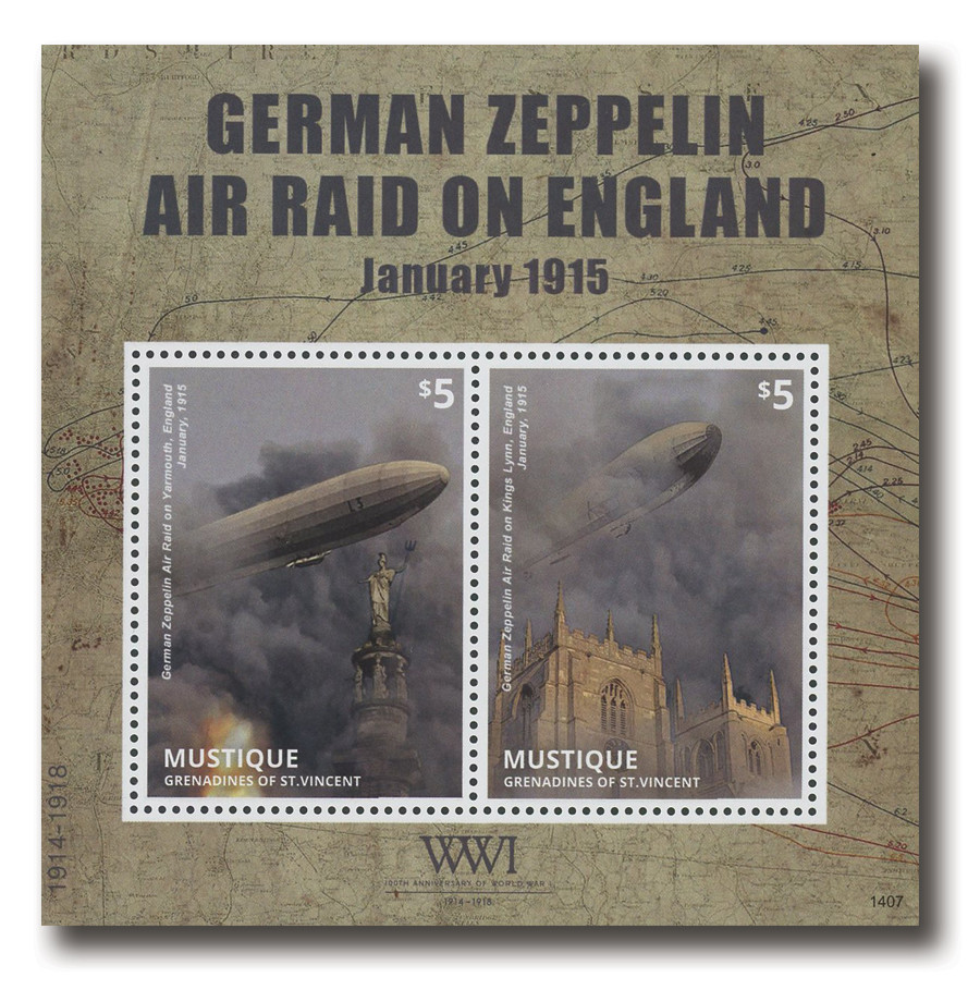 MFN342 - 2014 $5 100th Anniversary WWI- German Zeppelin Air Raid, Mint Souvenir Sheet, Mustique