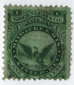RO100a - 1862-71 1c Greenleaf & Co. Matches, Green, Old Paper
