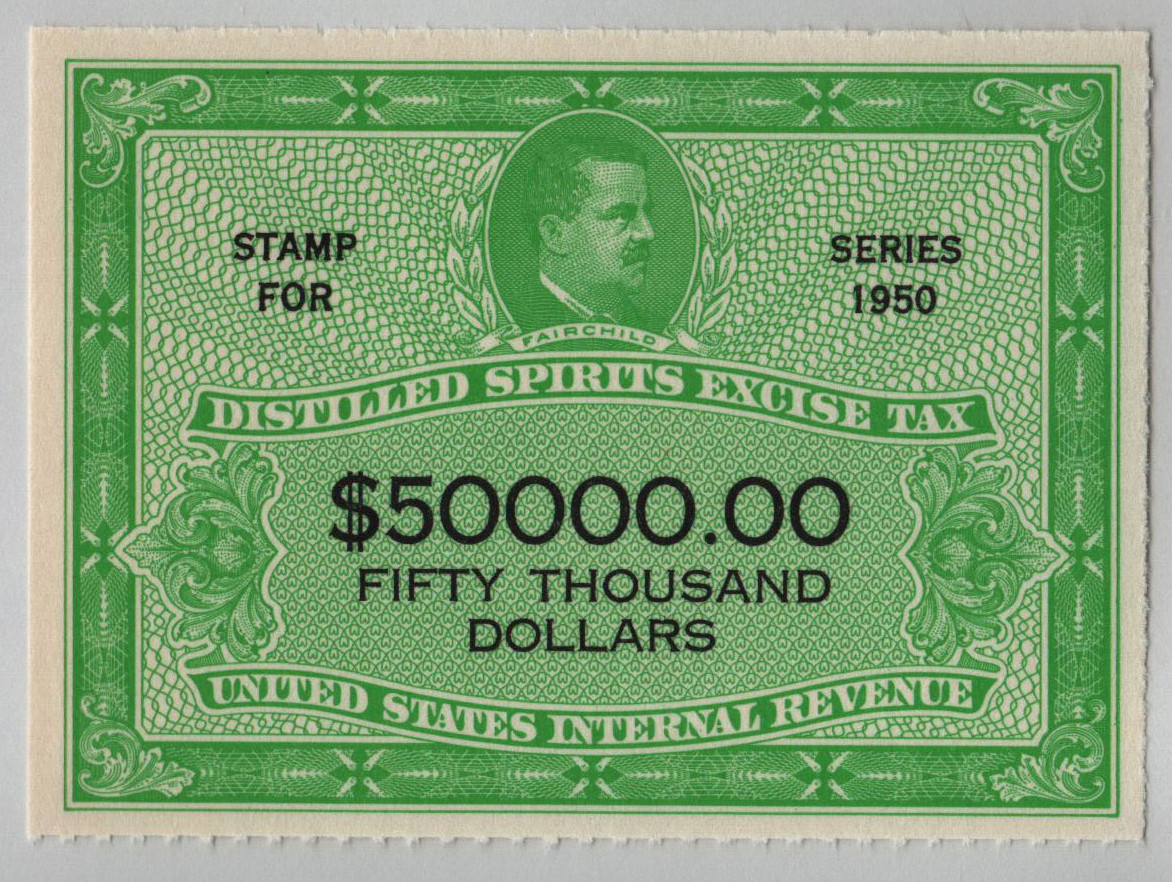 RX25 - 1950 $50,000 Distilled Spirits Excise Tax Stamp, Yellow Green & Black