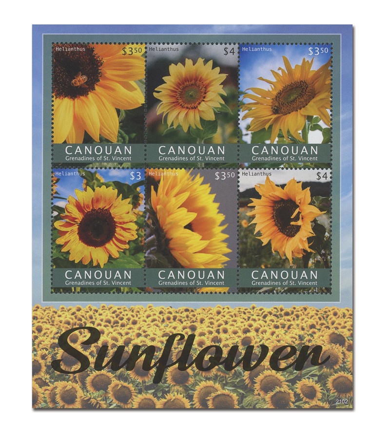 MFN201 - 2021 $3.50 Sunflowers, Mint, Sheet of 6 Stamps, Canouan
