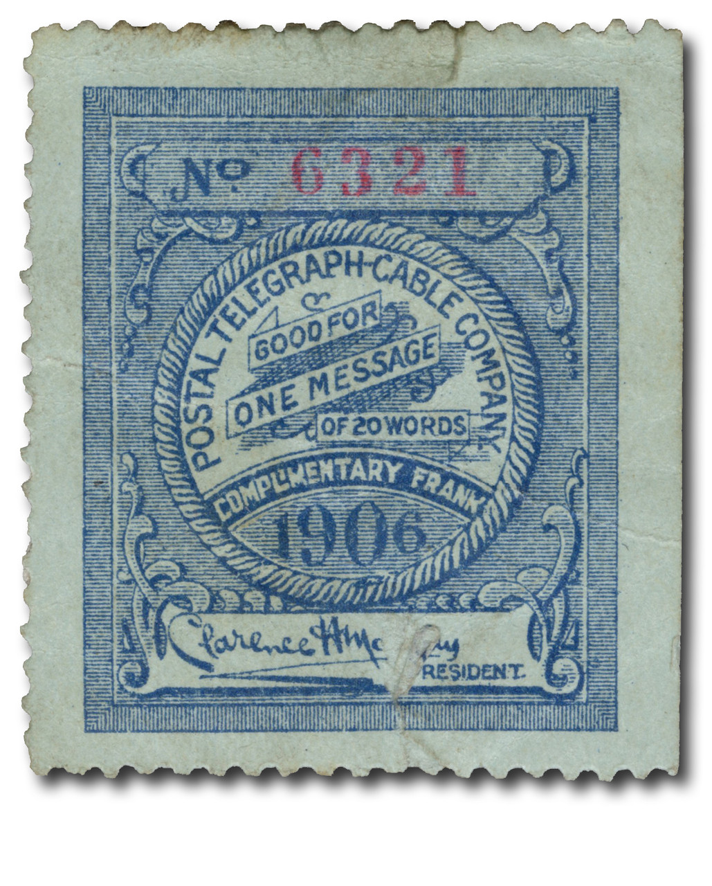 15T26 - 1906 Postal Telegraph Company, Blue on Light Blue Paper, Clarence H. Mackay Signature, Perf. 12