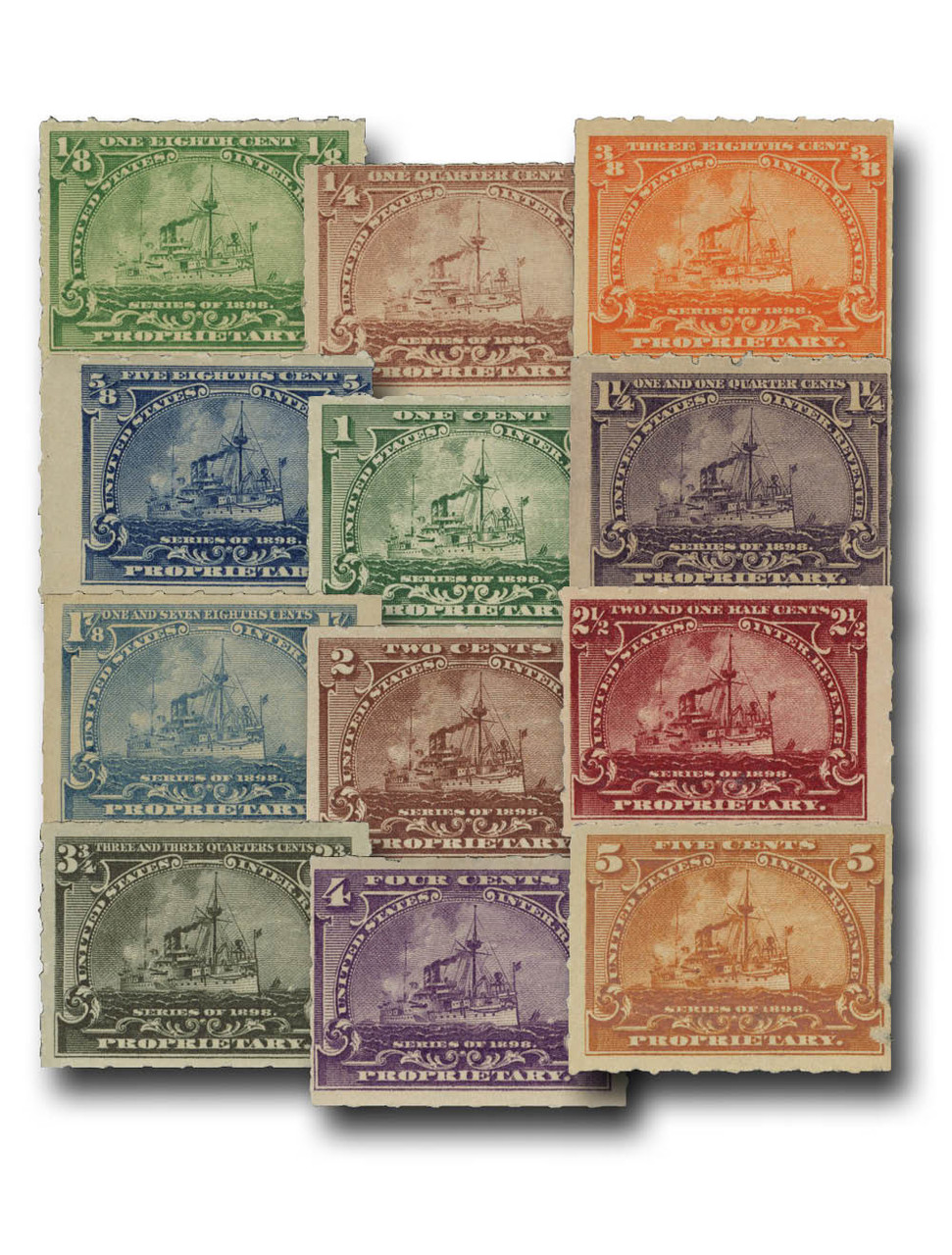 RB20-31 - 1898 1/8c-5c Battleship, Proprietary Stamps "Remember the Maine", Complete Set of 12 Stamps