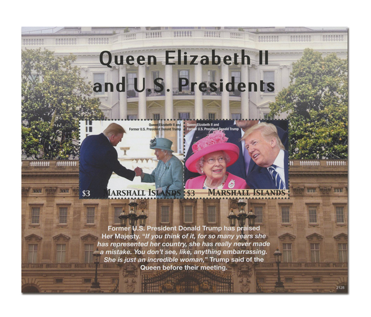 MFN223 - 2021 $3 Queen Elizabeth II and US Presidents: Donald Trump, Mint Souvenir Sheet, Marshall Islands