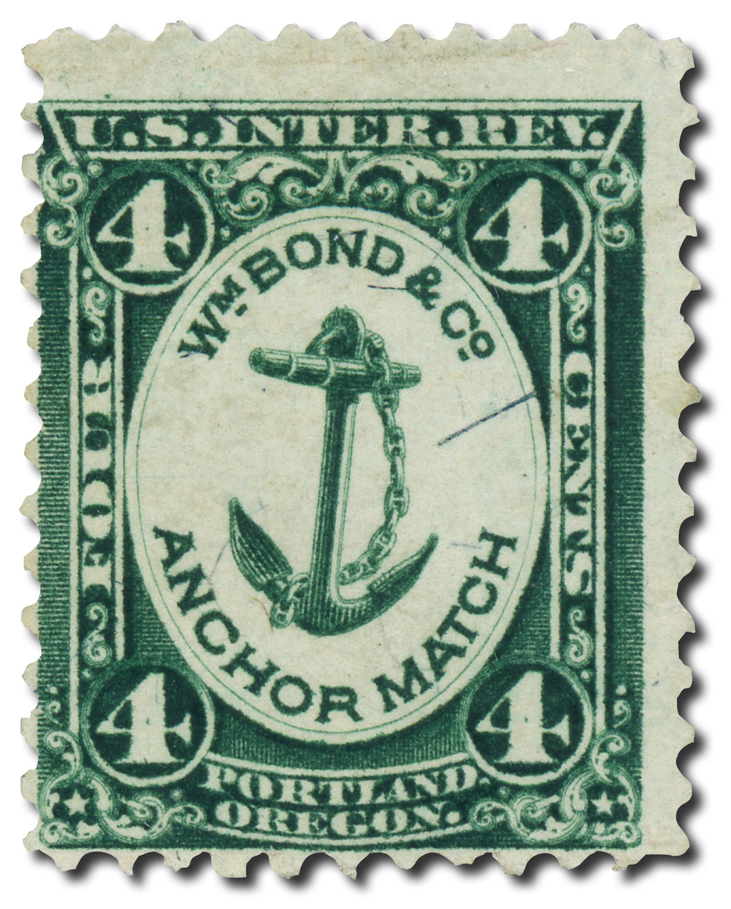 RO33b - 1871-77 4c Wm. Bond & Co. Anchor Match, Green, Silk Paper